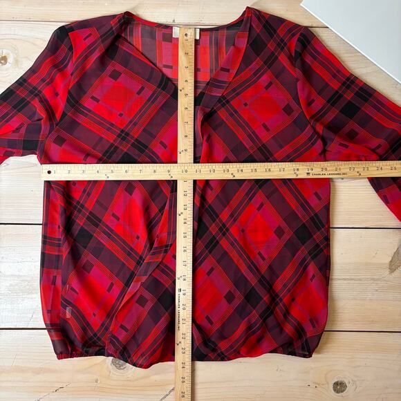 Loft EUC Women's Sheer Red Plaid Faux Wrap Blouse Size L - Picture 5 of 5